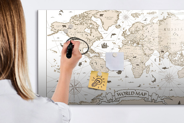 Decoratief glazen wandbord beschrijfbaar en magnetisch Wereldkaart met fotolocaties