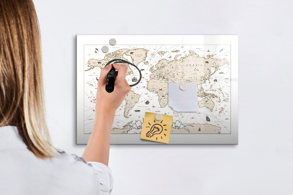 Decoratief glazen wandbord beschrijfbaar en magnetisch Wereldkaart met fotolocaties