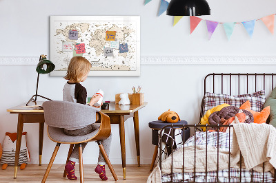Decoratief glazen wandbord beschrijfbaar en magnetisch Wereldkaart met fotolocaties