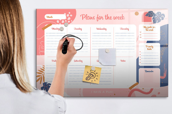 Memobord van glas met print inclusief neodymium magneten Weekplanner met ruimte voor foto's
