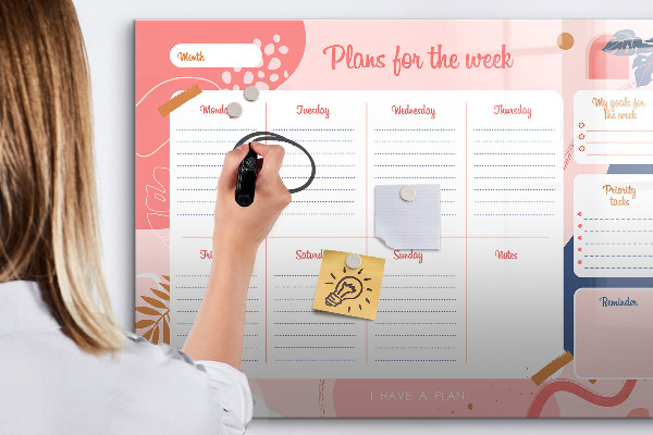 Memobord van glas met print inclusief neodymium magneten Weekplanner met ruimte voor foto's