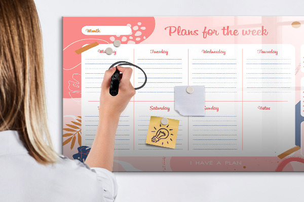 Memobord van glas met print inclusief neodymium magneten Weekplanner met ruimte voor foto's