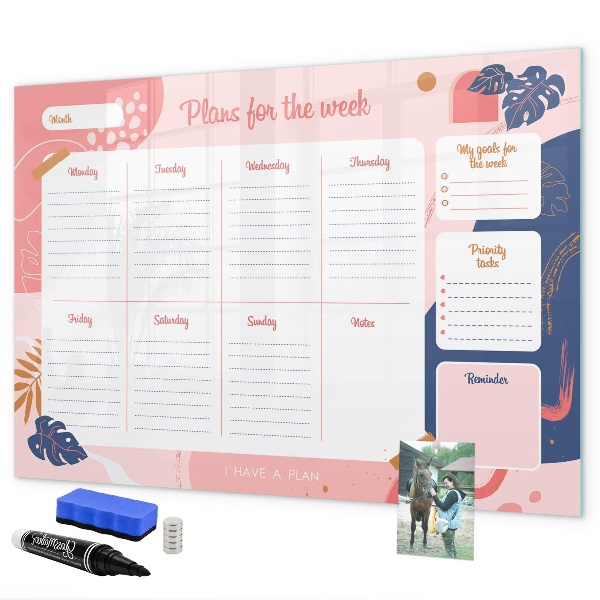 Memobord van glas met print inclusief neodymium magneten Weekplanner met ruimte voor foto's