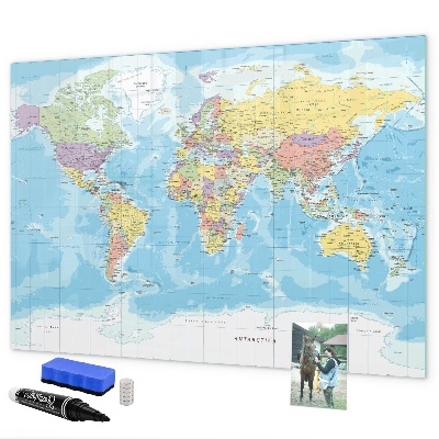 Decoratief glazen wandbord beschrijfbaar en magnetisch Een wereldkaart met persoonlijke herinneringen.