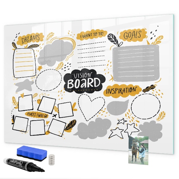 Decoratief glazen wandbord beschrijfbaar en magnetisch Een visionboard om je dromen waar te maken.