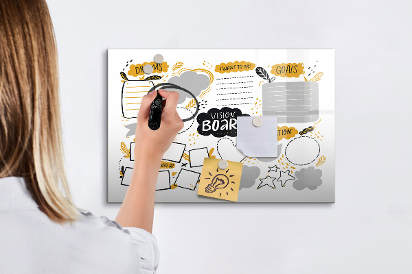 Decoratief glazen wandbord beschrijfbaar en magnetisch Een visionboard om je dromen waar te maken.