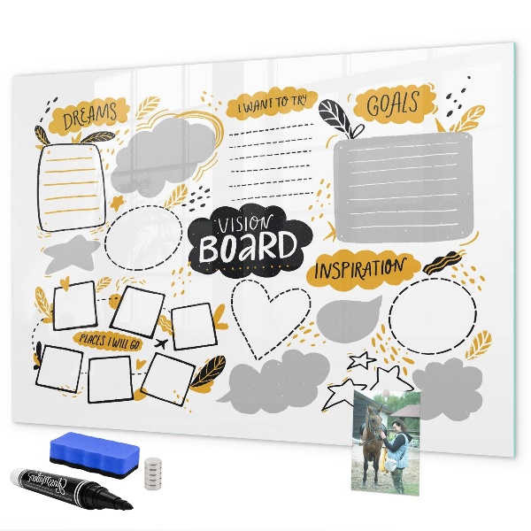 Decoratief glazen wandbord beschrijfbaar en magnetisch Een visionboard om je dromen waar te maken.