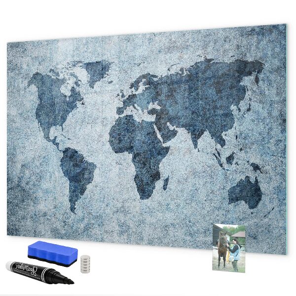 Decoratief glazen wandbord beschrijfbaar en magnetisch Een wereldkaart met persoonlijke herinneringen.