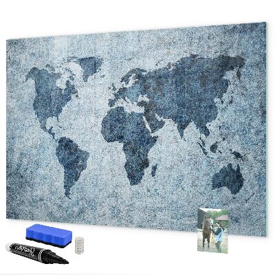 Decoratief glazen wandbord beschrijfbaar en magnetisch Een wereldkaart met persoonlijke herinneringen.