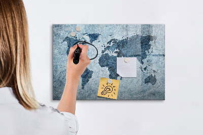 Decoratief glazen wandbord beschrijfbaar en magnetisch Een wereldkaart met persoonlijke herinneringen.