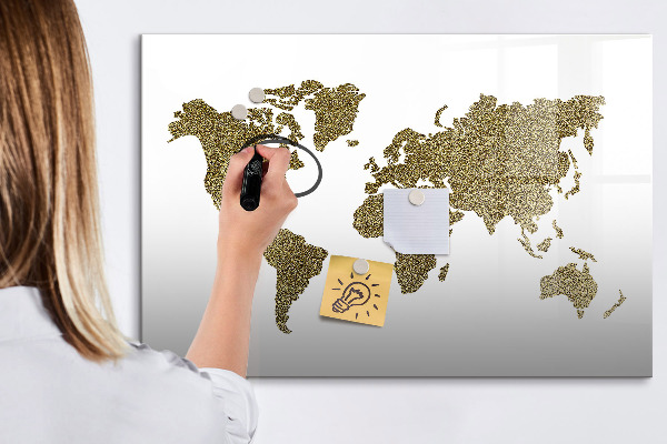 Decoratief glazen wandbord beschrijfbaar en magnetisch Wereldkaart met fotolocaties
