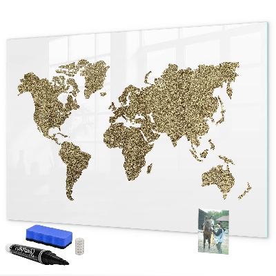 Decoratief glazen wandbord beschrijfbaar en magnetisch Wereldkaart met fotolocaties