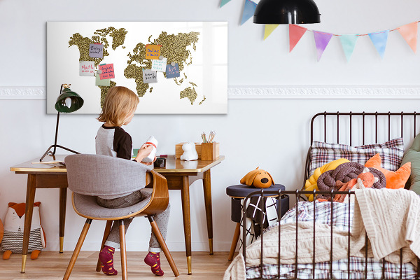 Decoratief glazen wandbord beschrijfbaar en magnetisch Wereldkaart met fotolocaties