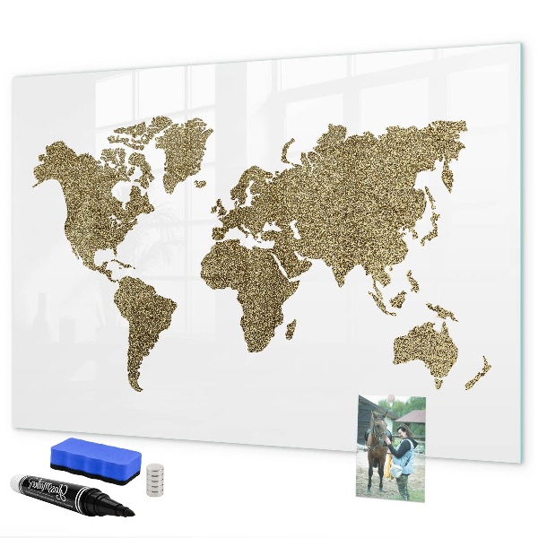 Decoratief glazen wandbord beschrijfbaar en magnetisch Wereldkaart met fotolocaties