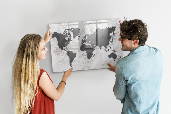 Memobord van glas met print inclusief neodymium magneten Een wereldkaart met herinneringen en aantekeningen.