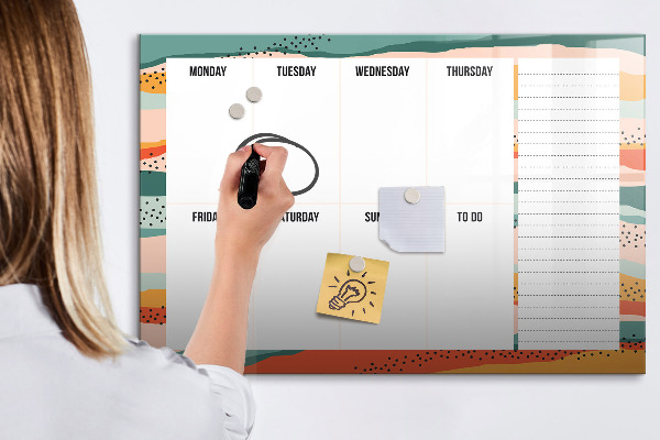 Decoratief glazen wandbord beschrijfbaar en magnetisch Weekplanner met ruimte voor foto's