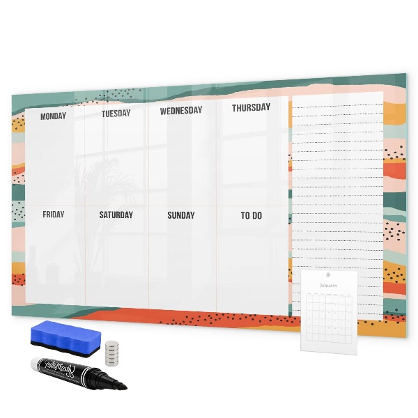 Decoratief glazen wandbord beschrijfbaar en magnetisch Weekplanner met ruimte voor foto's