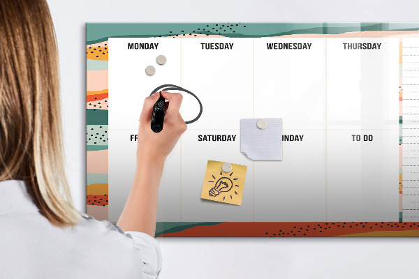 Decoratief glazen wandbord beschrijfbaar en magnetisch Weekplanner met ruimte voor foto's