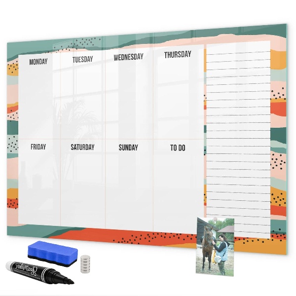 Decoratief glazen wandbord beschrijfbaar en magnetisch Weekplanner met ruimte voor foto's