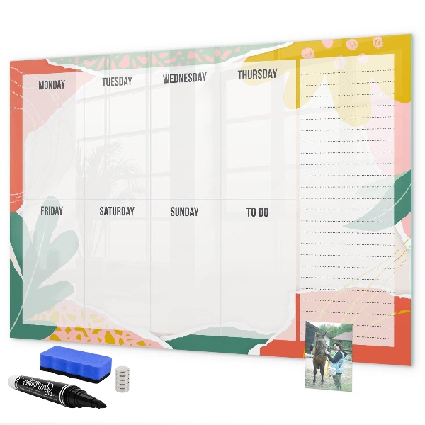 Memobord van glas met print inclusief neodymium magneten Weekplanner met ruimte voor foto's