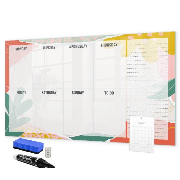 Memobord van glas met print inclusief neodymium magneten Weekplanner met ruimte voor foto's
