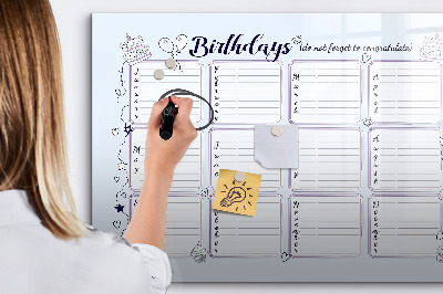 Memobord van glas met print inclusief neodymium magneten Verjaardagskalender met ruimte voor foto's