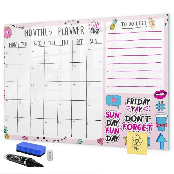 Memobord van glas met print inclusief neodymium magneten Maandplanner met ruimte voor foto's