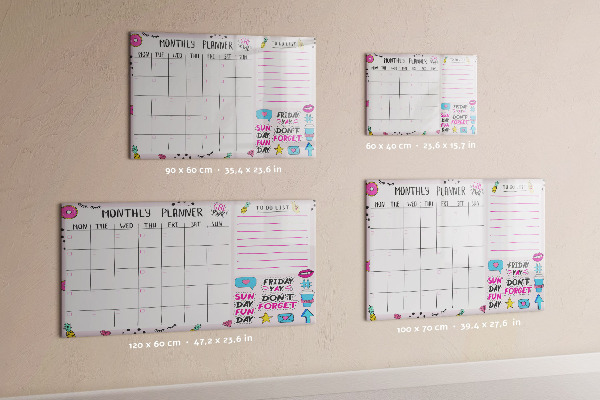 Memobord van glas met print inclusief neodymium magneten Maandplanner met ruimte voor foto's