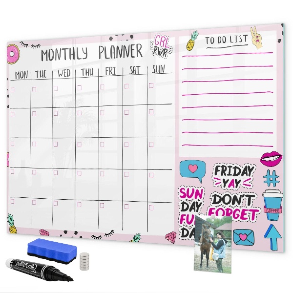 Memobord van glas met print inclusief neodymium magneten Maandplanner met ruimte voor foto's
