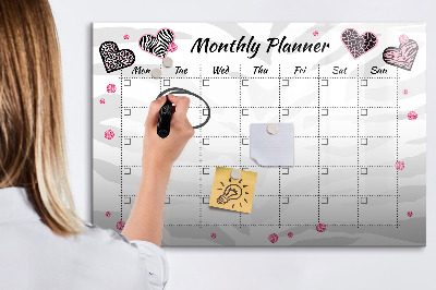 Decoratief glazen wandbord beschrijfbaar en magnetisch Maandplanner met hartjes en foto's