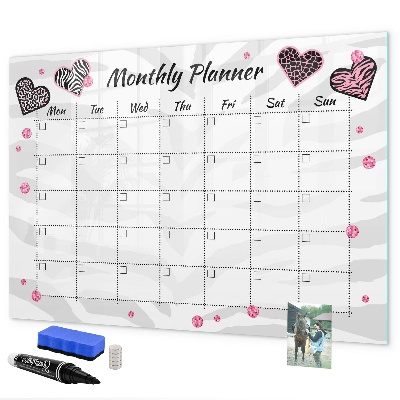 Decoratief glazen wandbord beschrijfbaar en magnetisch Maandplanner met hartjes en foto's