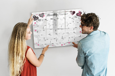 Decoratief glazen wandbord beschrijfbaar en magnetisch Maandplanner met hartjes en foto's