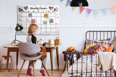 Decoratief glazen wandbord beschrijfbaar en magnetisch Maandplanner met hartjes en foto's