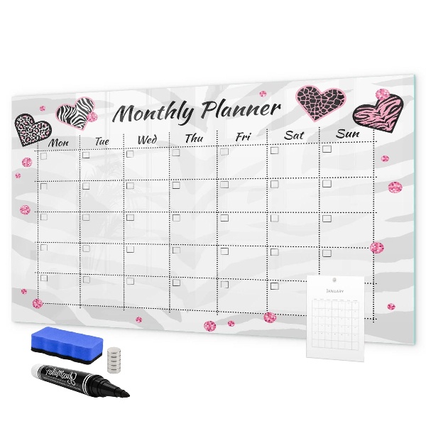 Decoratief glazen wandbord beschrijfbaar en magnetisch Maandplanner met hartjes en foto's
