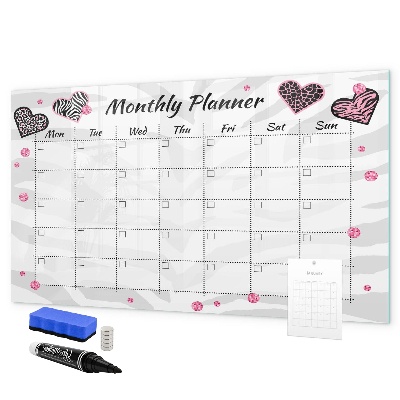 Decoratief glazen wandbord beschrijfbaar en magnetisch Maandplanner met hartjes en foto's