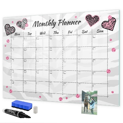 Decoratief glazen wandbord beschrijfbaar en magnetisch Maandplanner met hartjes en foto's