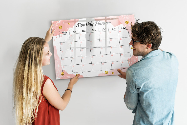 Memobord van glas met print inclusief neodymium magneten Maandplanner met ruimte voor foto's