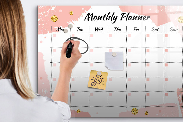 Memobord van glas met print inclusief neodymium magneten Maandplanner met ruimte voor foto's
