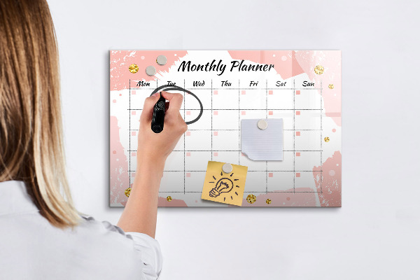 Memobord van glas met print inclusief neodymium magneten Maandplanner met ruimte voor foto's