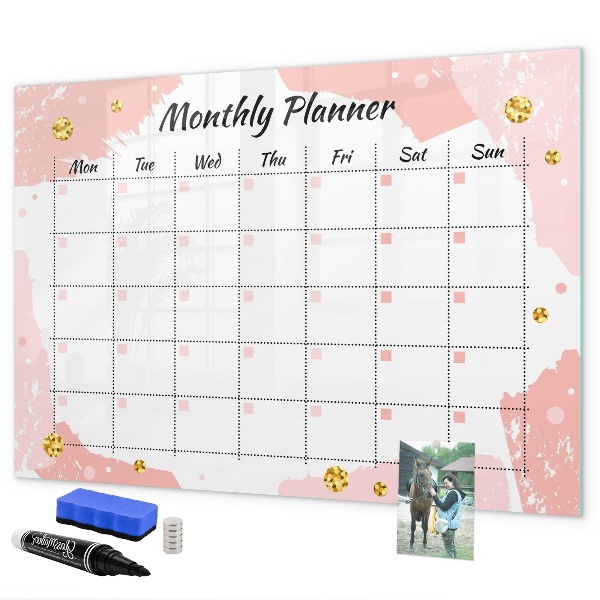 Memobord van glas met print inclusief neodymium magneten Maandplanner met ruimte voor foto's