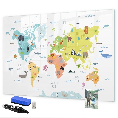 Decoratief glazen wandbord beschrijfbaar en magnetisch Interactieve wereldkaart voor personalisatie