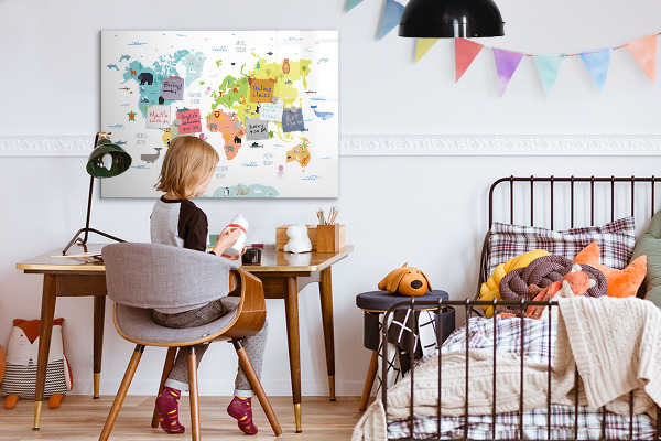 Decoratief glazen wandbord beschrijfbaar en magnetisch Interactieve wereldkaart voor personalisatie