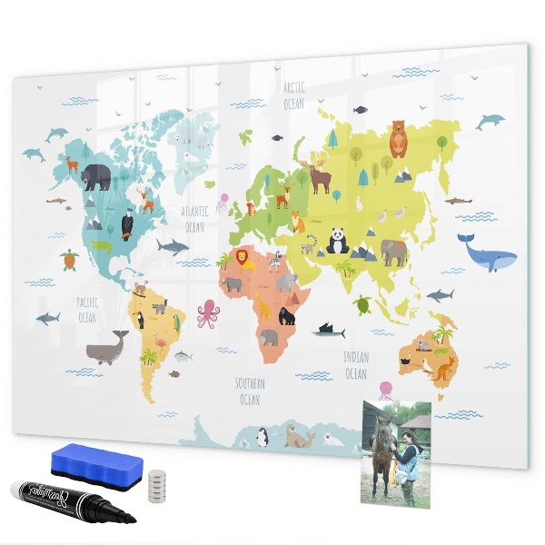 Decoratief glazen wandbord beschrijfbaar en magnetisch Interactieve wereldkaart voor personalisatie