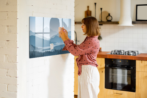 Decoratief glazen wandbord beschrijfbaar en magnetisch Een landschap met een plek voor herinneringen.
