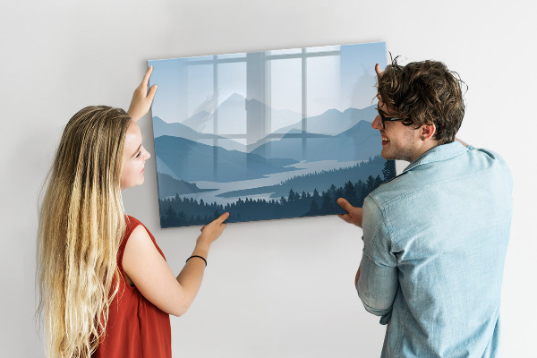 Decoratief glazen wandbord beschrijfbaar en magnetisch Een landschap met een plek voor herinneringen.