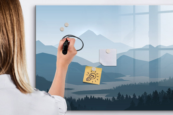 Decoratief glazen wandbord beschrijfbaar en magnetisch Een landschap met een plek voor herinneringen.