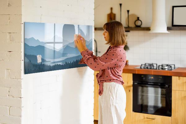 Decoratief glazen wandbord beschrijfbaar en magnetisch Een landschap met een plek voor herinneringen.
