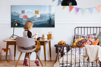 Decoratief glazen wandbord beschrijfbaar en magnetisch Een landschap met een plek voor herinneringen.