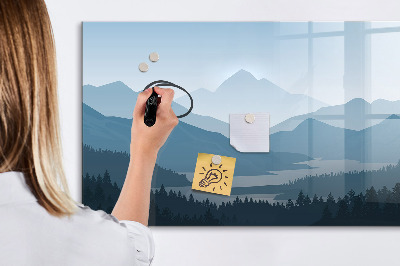 Decoratief glazen wandbord beschrijfbaar en magnetisch Een landschap met een plek voor herinneringen.