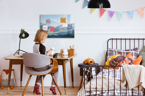 Decoratief glazen wandbord beschrijfbaar en magnetisch Een landschap met een plek voor herinneringen.